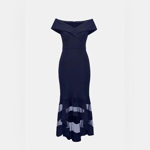 NEW Xscape Navy Blue Evening Gown Formal Black Tie Dress High-Low Fit & Flare